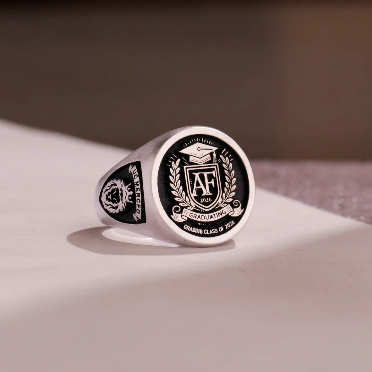 Custom Ring - 925 Silver - Raised Design with Black Inlay and Side Engravings