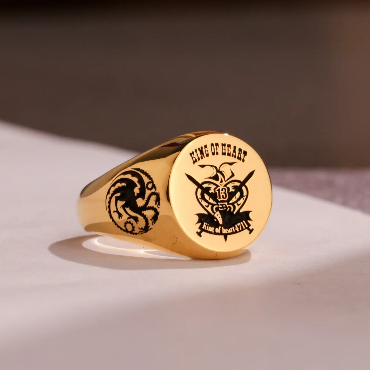 Custom Ring - Gold Coated - Recessed Design with Black Inlay and Side Engravings