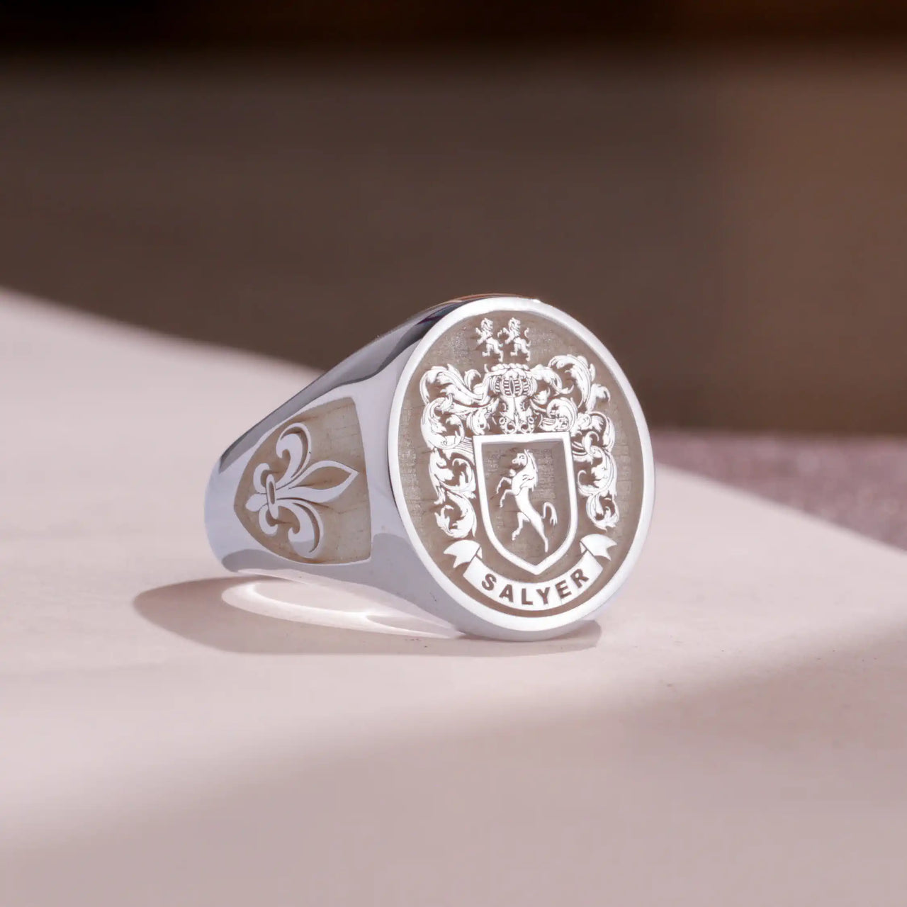 Custom Ring - White Gold Coated - Raised Design with Side Engravings