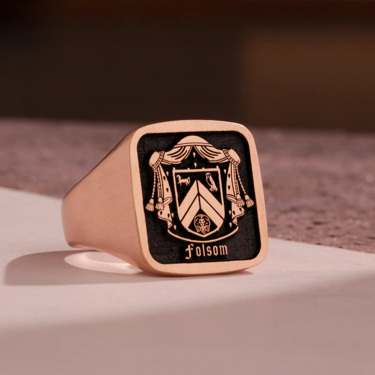 Custom Ring - Rose Gold Coated - Raised Design with Black Inlay