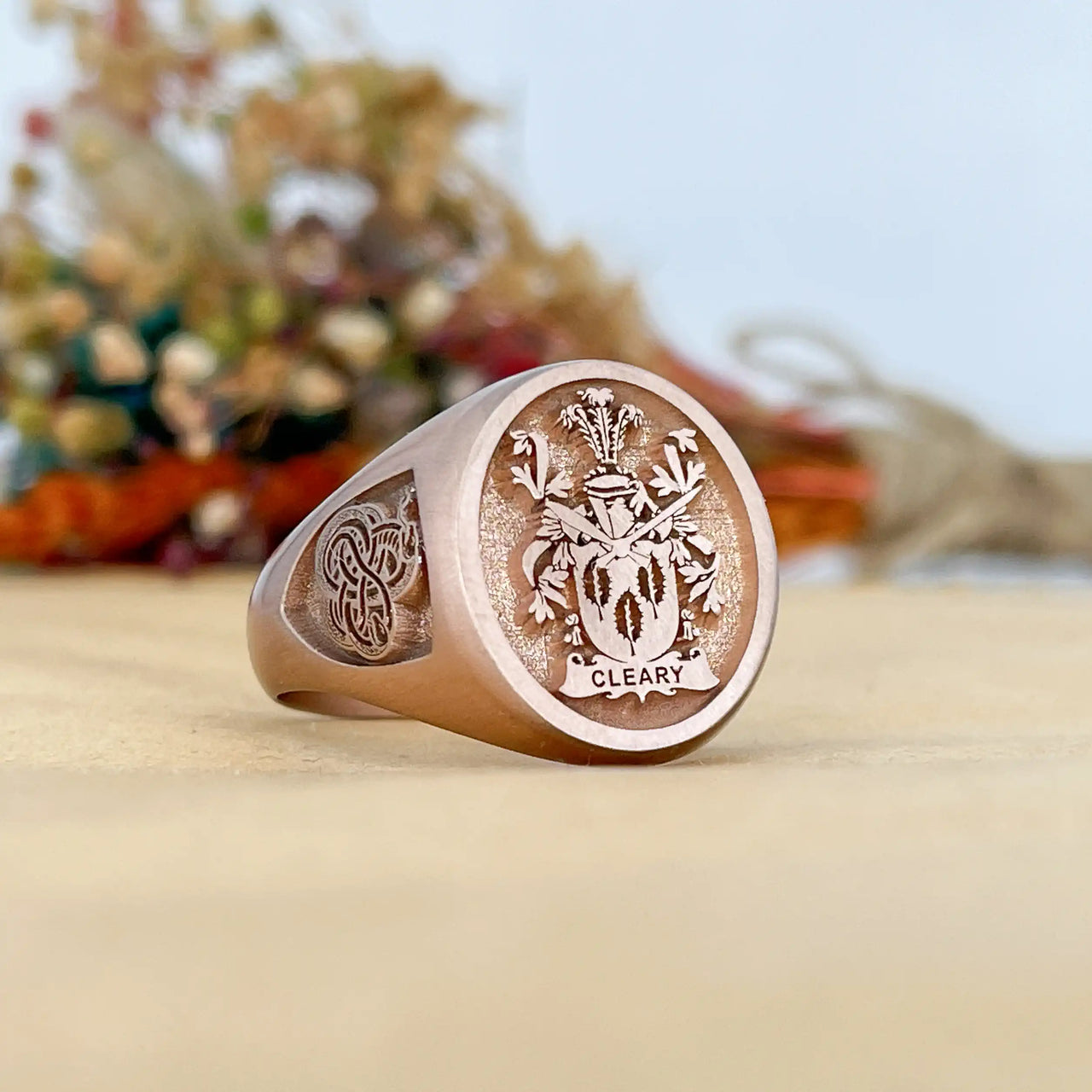 Custom Ring - Rose Gold Coated - Raised Design with Side Engravings