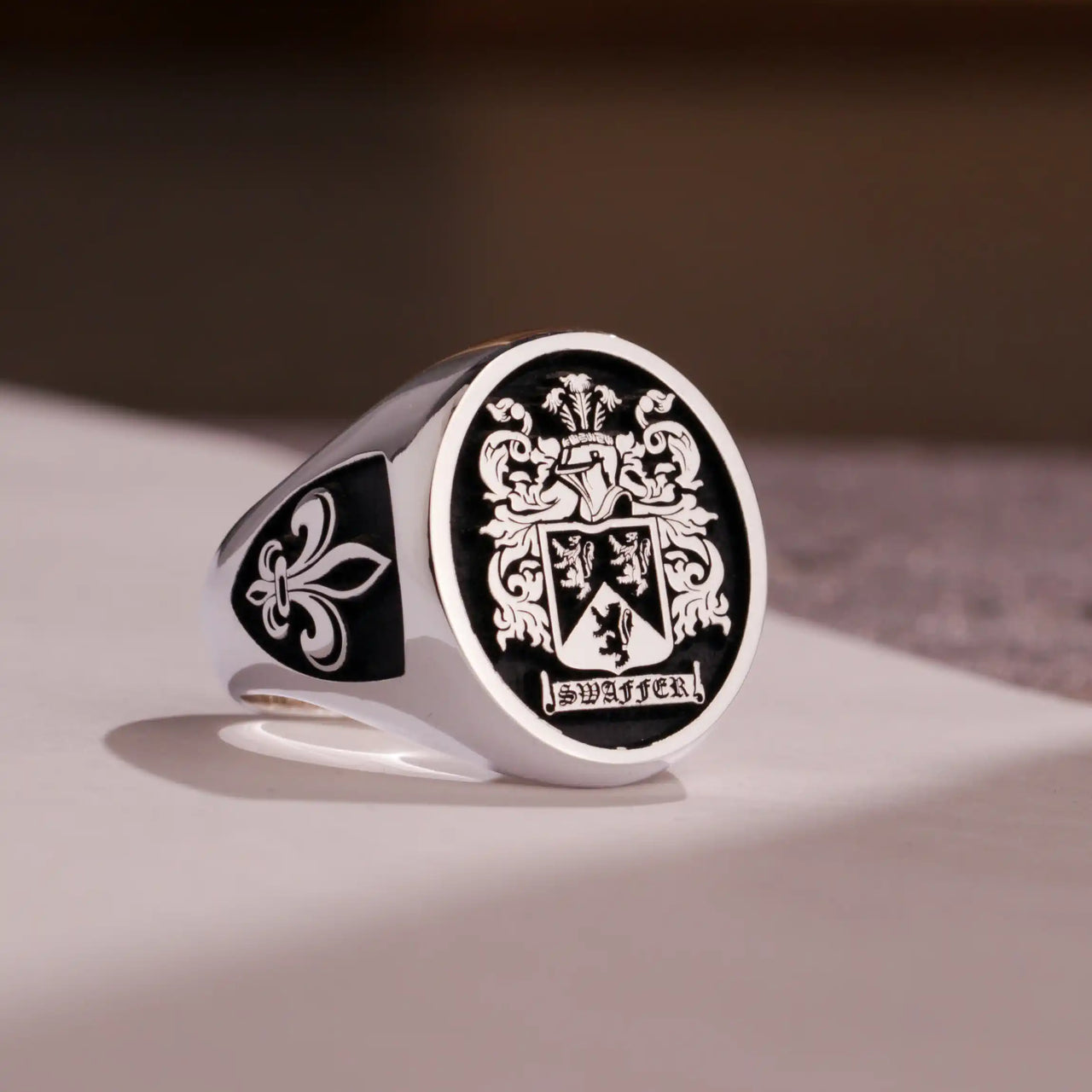 Custom Ring - 925 Silver - Raised Design with Black Inlay and Side Engravings