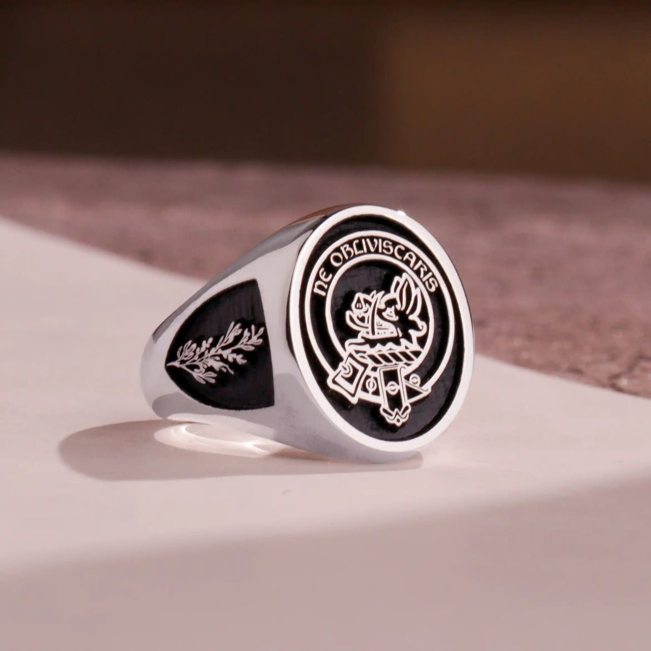 Custom Ring - White Gold Coated - Raised Design with Black Inlay and Side Engravings