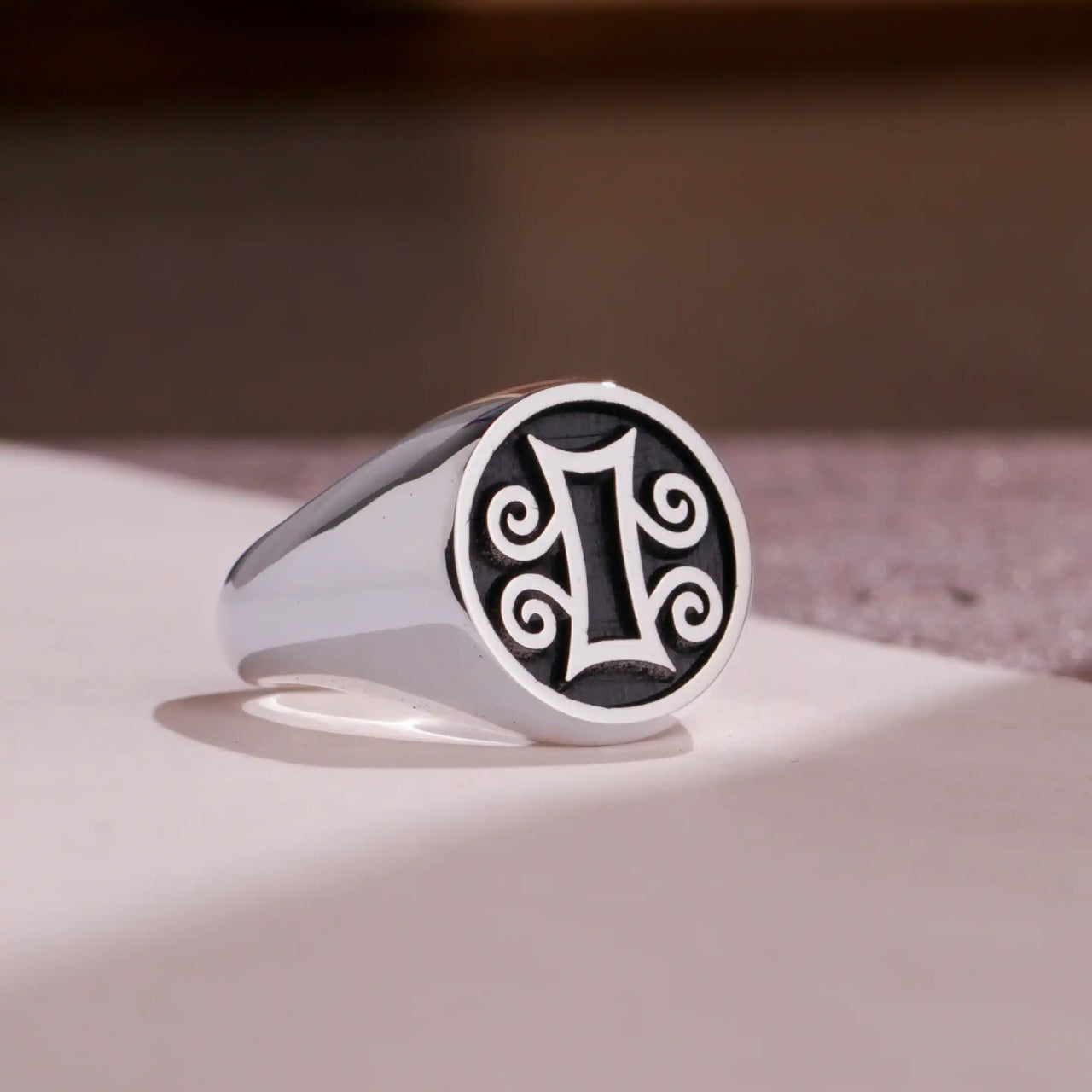 Custom Ring - White Gold Coated - Raised Design with Black Inlay