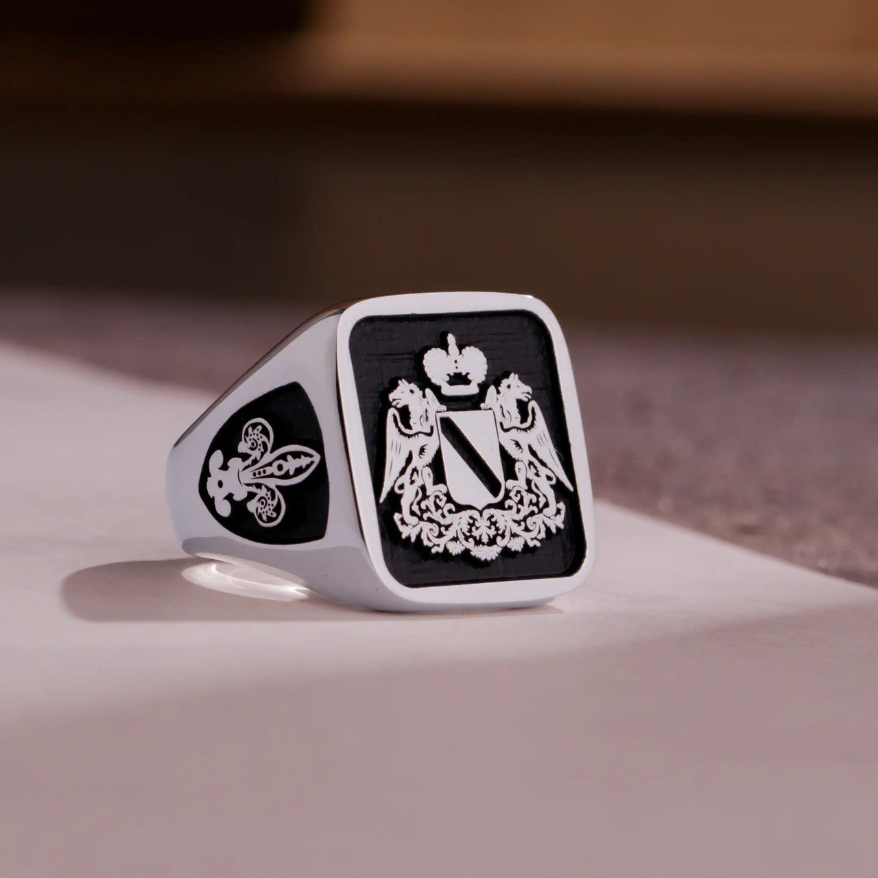 Custom Ring - White Gold Coated - Raised Design with Black Inlay and Side Engravings