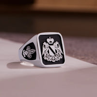 Thumbnail for Custom Ring - White Gold Coated - Raised Design with Black Inlay and Side Engravings