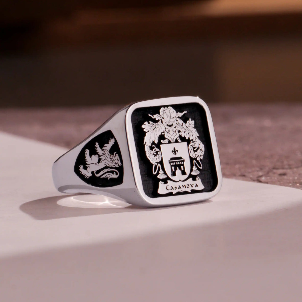 Custom Ring - White Gold Coated - Raised Design with Black Inlay and Side Engravings