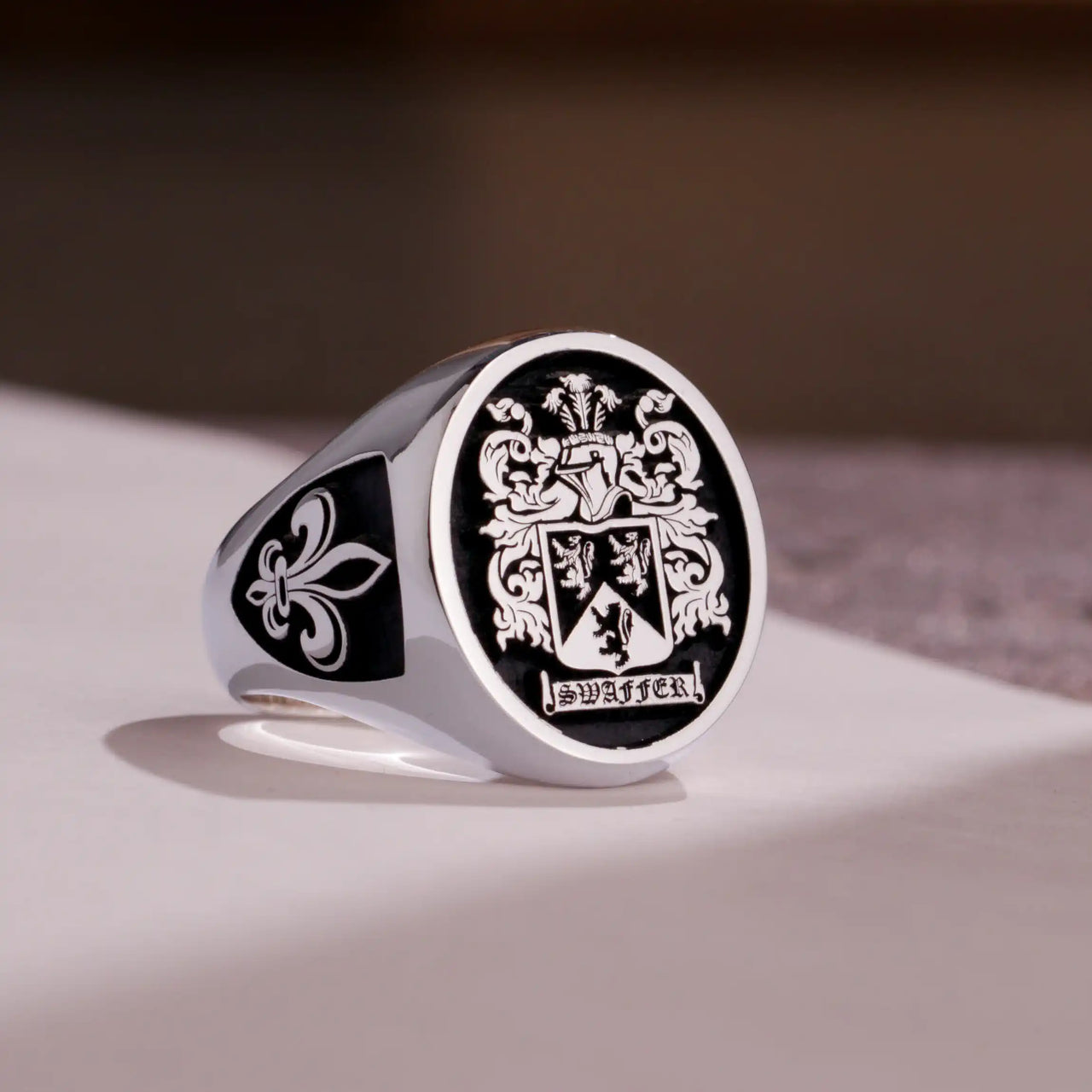 Custom Ring - White Gold Coated - Raised Design with Black Inlay and Side Engravings