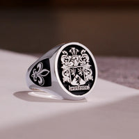 Thumbnail for Custom Ring - White Gold Coated - Raised Design with Black Inlay and Side Engravings