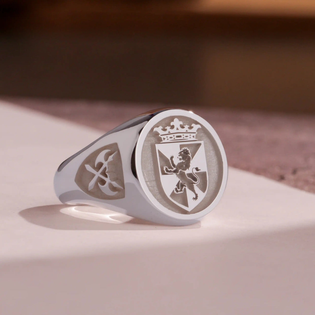 Custom Ring - White Gold Coated - Raised Design with Side Engravings