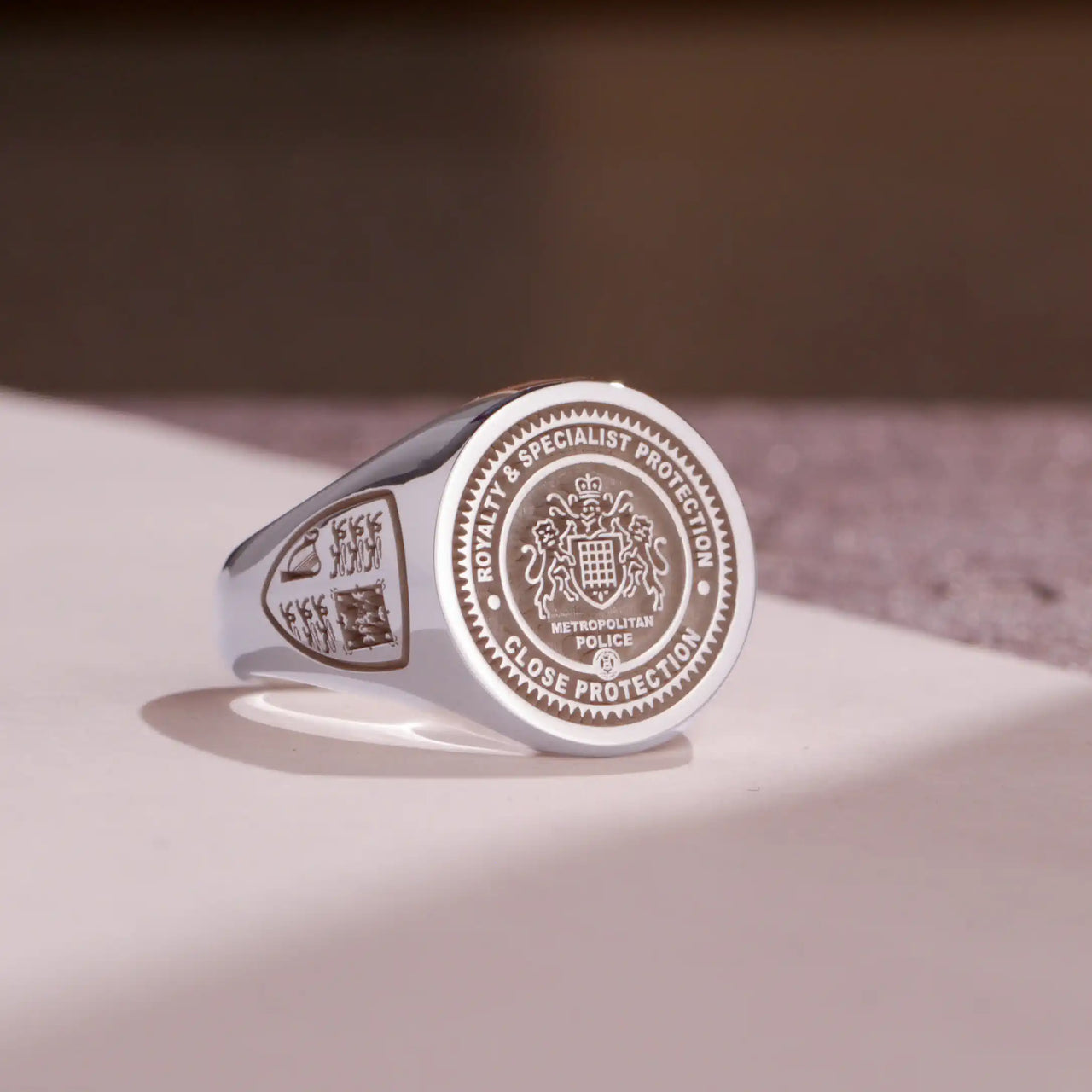 Custom Ring - White Gold Coated - Raised Design with Side Engravings