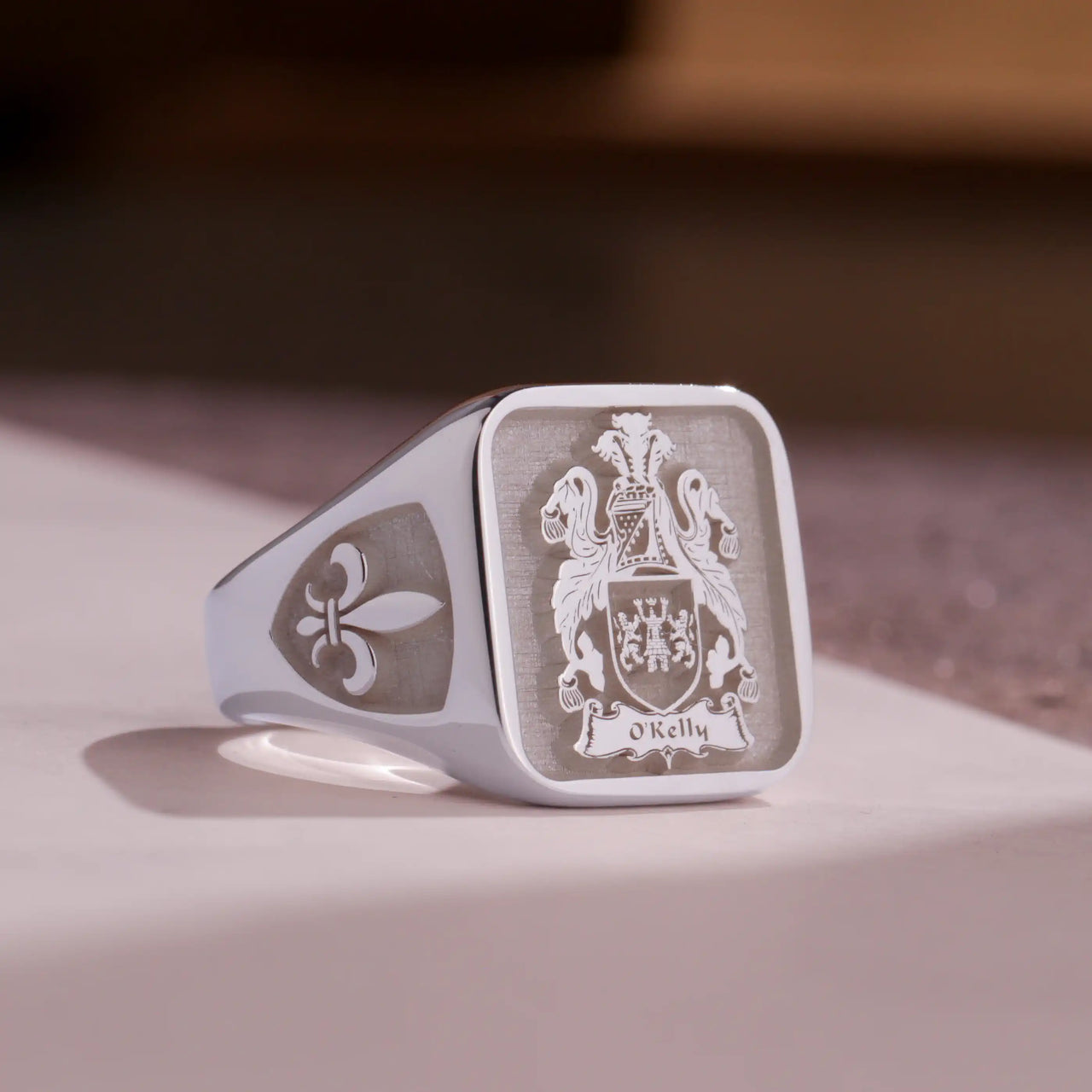 Custom Ring - White Gold Coated - Raised Design with Side Engravings