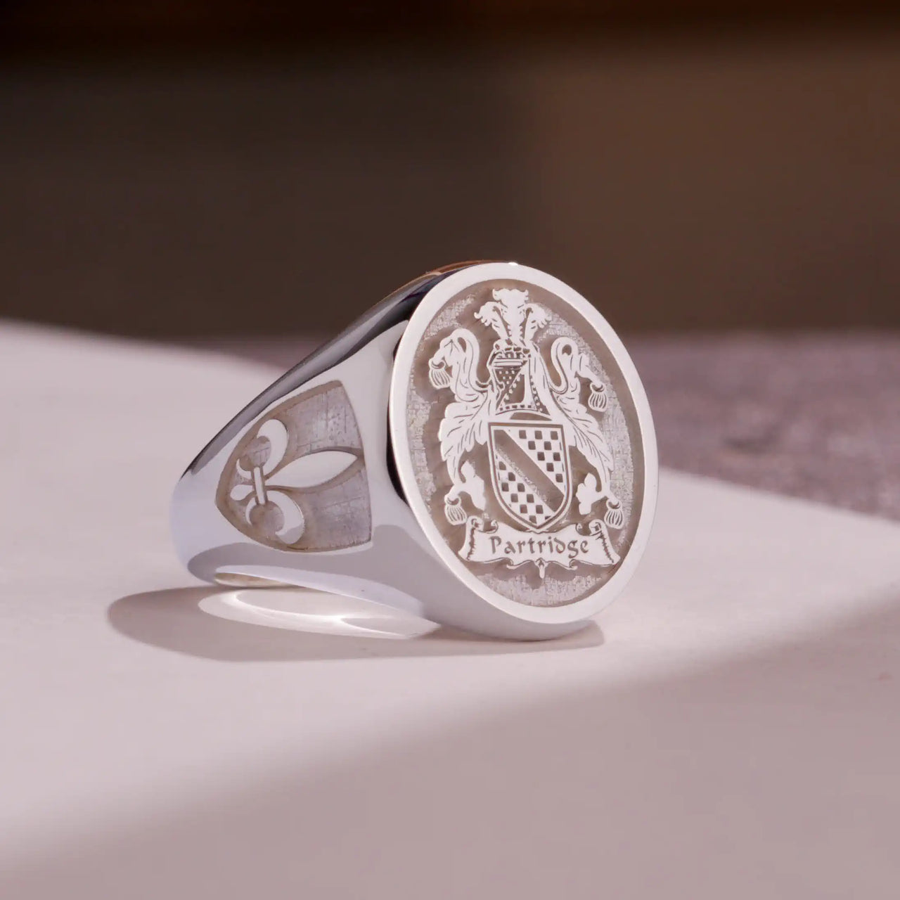 Custom Ring - White Gold Coated - Raised Design with Side Engravings