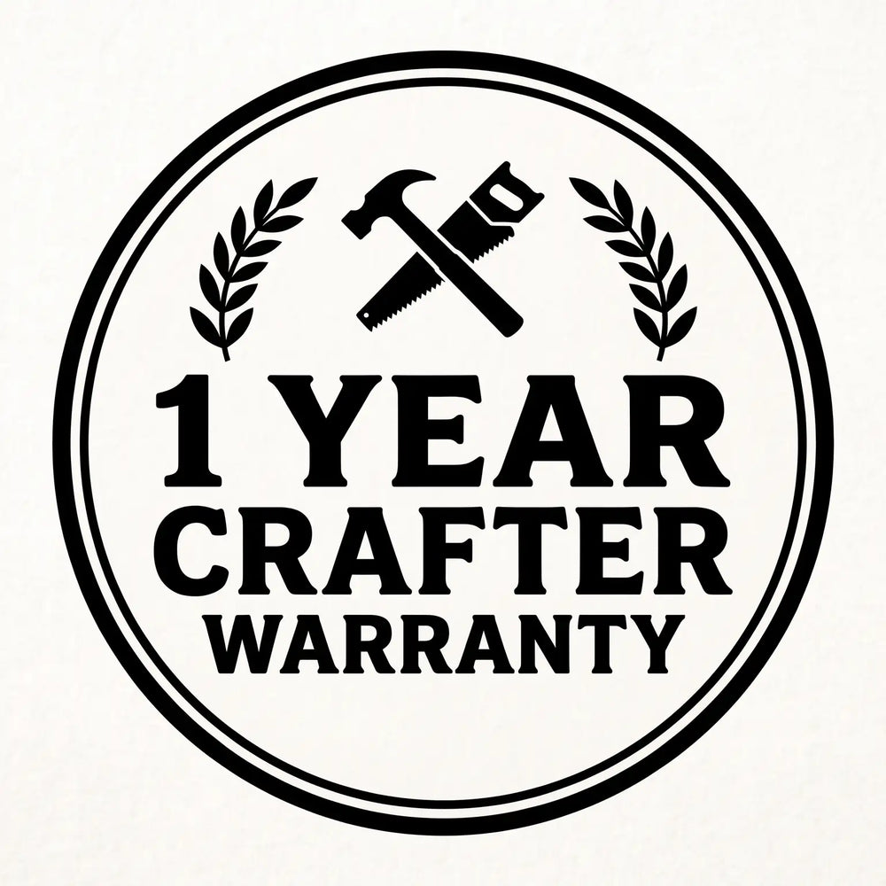 1 Year Crafter Warranty badge with a crossed hammer and saw between laurel branches