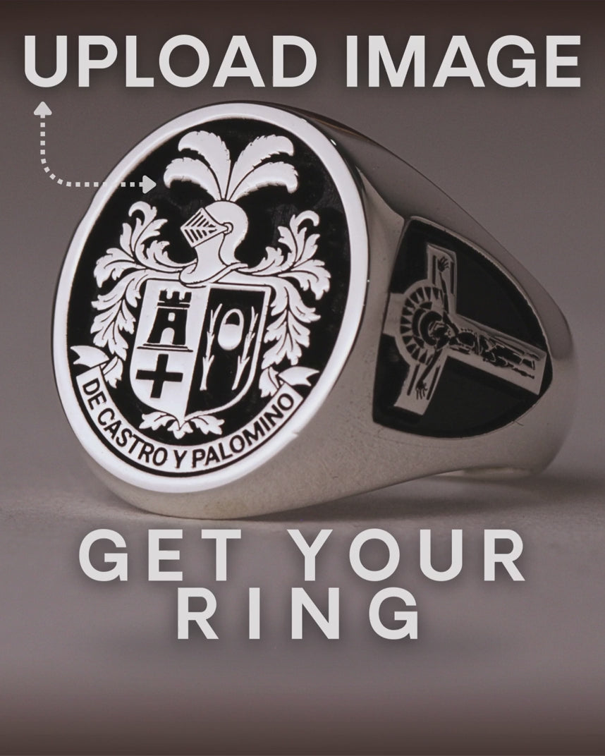 Video: an uploaded family crest becomes a silver-finish custom signet ring with a cross engraved on the side